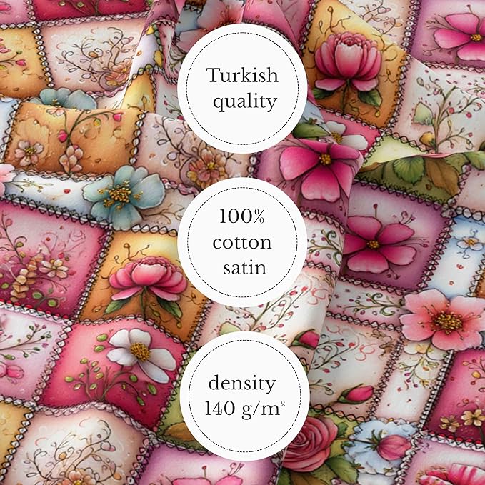 Soft Rose Garden Patchwork Cotton Fabric Panel 61 x 36.6 Inches, Floral Vintage Quilt Pattern, Pink Pastel Tones, 100% Cotton 140 GSM