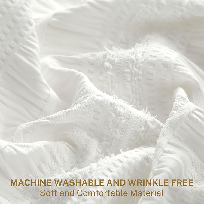 Siiluminisoy Extra Long Farmhouse White Boho Shower Curtain 72 x 96 Cotton Blend Tufted Fabric Waffle Textured Shabby Chic Rustic Minimalist Striped Shower Curtains for Bathroom, Hotel