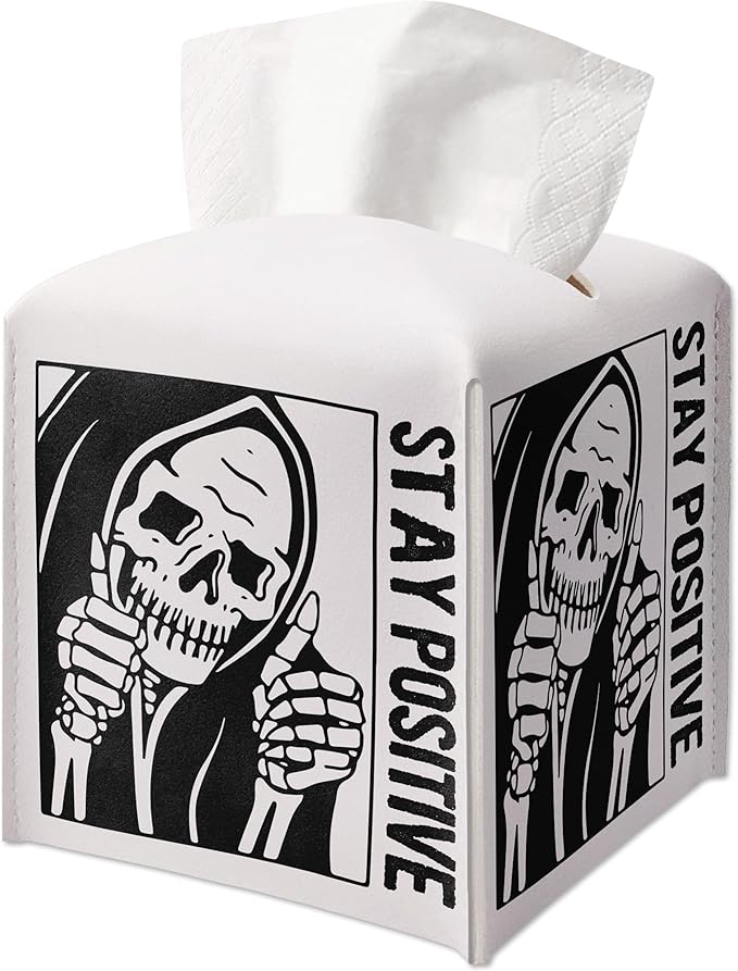 Tissue Box Gifts with Leather Cover Square, Inspirational Gift Ideas for Friends, Stay Positive, Skeleton Desk Decor for Bathroom Toilet Office, New Home Favor-(5.2 Inches)