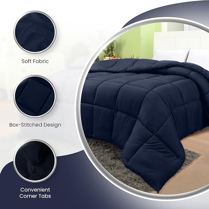 Utopia Bedding Comforters Twin Size, All Season Duvet Insert, Down Alternative Box Stitched Bed Comforter with Corner Tabs, Machine Washable (Navy)