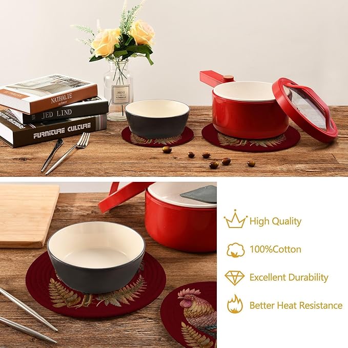 Boccsty Rooster Sunflower Trivet Mat 2PCS Farm Animal Round Woven Potholders Kitchen Table Countertop Protector Hot Pads Farmhouse Coasters Counter Mats?for Cooking Baking