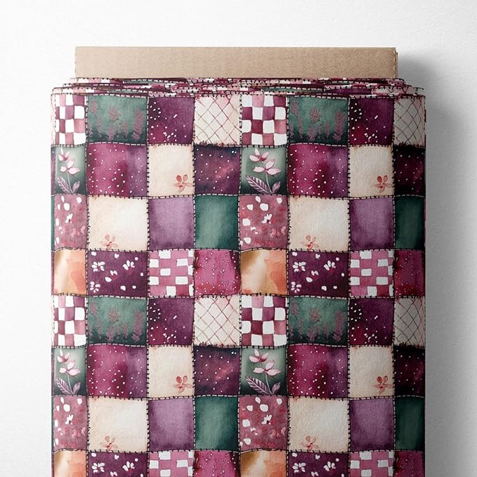 Plum Garden Patchwork Cotton Fabric – Elegant Burgundy & Green Patchwork Print Cotton 140 GSM, Panel 61 x 36.6 Inches, Pre-Cut Sewing Fabric Panel for Quilting, Crafts & Home Decor (USA Size)