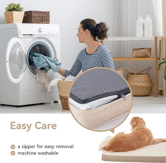 WATANIYA PET Extra Large Dog Bed, Cooling Dog Beds for Large Dogs, Washable Orthopedic Pet Bed for Crate with Joint Relief Memory Foam, Waterproof Liner and Plush Cover (41"x 29", Beige)