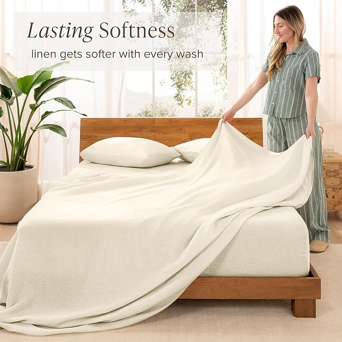 Bare Home King Sheet Set - Luxury 100% European Linen - Deep Pockets - Easy Fit - 4 Piece Set - Bedding Sheets & Pillowcases (King, Natural)