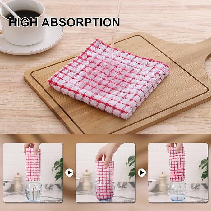 Kitinjoy Cotton 16 Pack Kitchen Towels and Dishcloths Sets, 16 x 25 Inch & 12 X 12 Inch Dish Towels Bulk, Super Soft and Absorbent Hand Towels for Kitchen Drying, Red