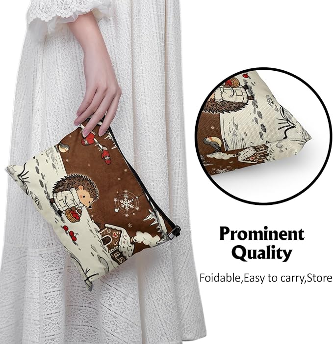 Cafl Hedgehog Winter Snow Makeup Bag Travel Large Cosmetic Bag Organizer toiletry Essentials Jewelry Zipper Bag Gift For Women -10×8 inch