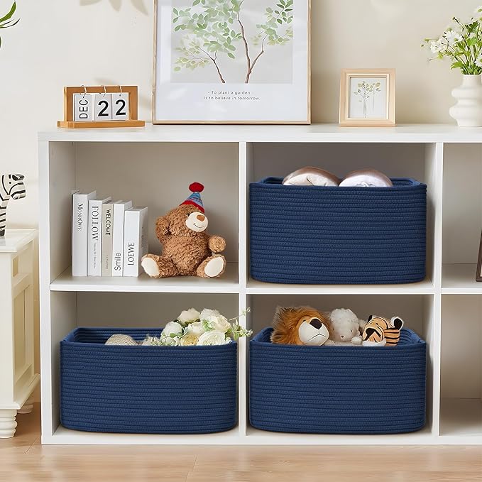 4 Pack Large Storage Basket for Organizing, 17.5"x13.5"x7.5" Woven Basket for Shelves, Closet Cube Storage Bins with Wrapped Handle, Cotton Rope Baskets for Kitchen, Clothes, Toys(Navy Blue)