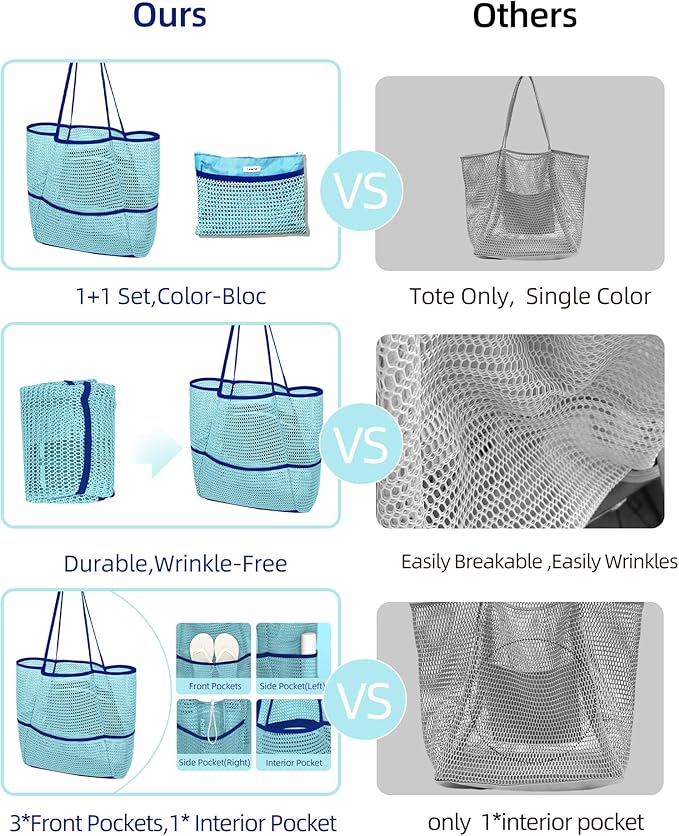ToKismet Mesh Beach Tote Bag Packable,2026 New 2-in-1 Large Lightweight Foldable Beach Bags with Multiple Pockets for Women