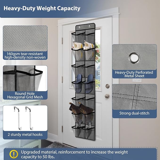 Makryebi Door Shoe Organizer with 14 Mesh Pockets, 59”H x 11.8”W inches, Clear Storage Pockets, 2 Pack,Grey