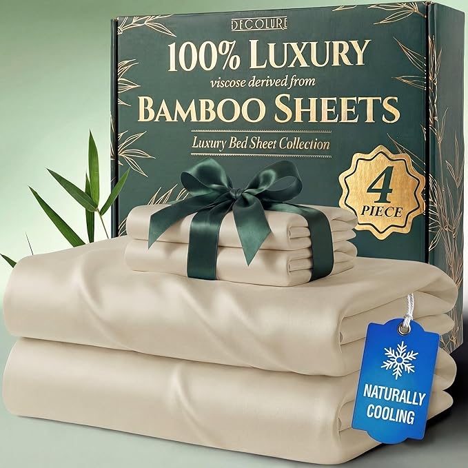 DECOLURE 100% Viscose Derived from Bamboo Sheets Twin Size - Luxury 4 Pc Naturally Cooling Sheets, Ultra Soft Bed Set - Deep 17" Pockets, Durable Double Stitching, Oeko Tex Standard (Creme)