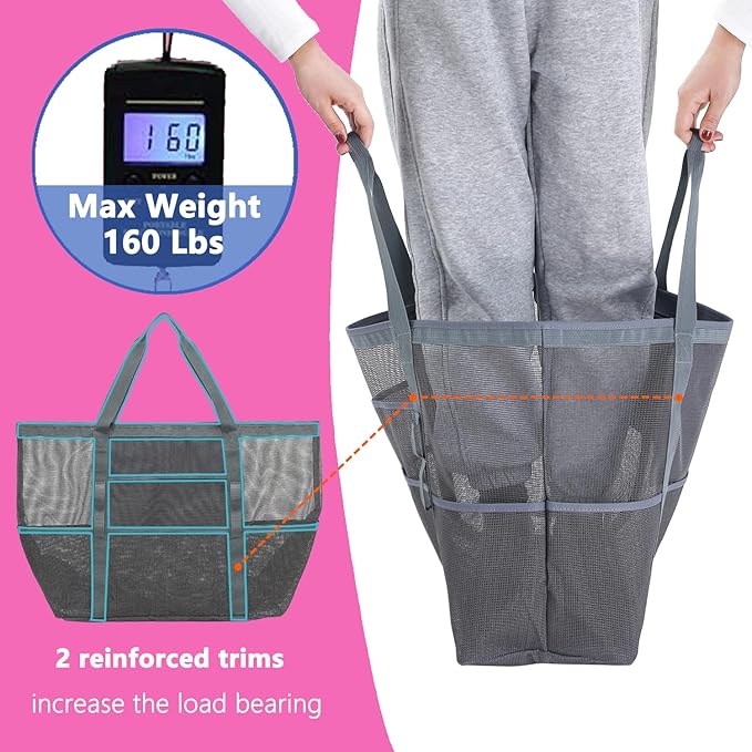 Fammart Mesh Beach Bag, Large Beach Tote with Zipper Pocket for Family Pool Bag for Toys & Vacation Essentials
