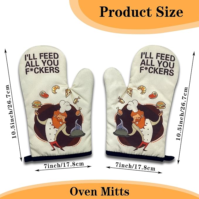 2 Pack Funny BBQ Oven Mitts, I'll Feed All You Fuckers, Heat Resistant Silicone Non-Slip Mitts, Humorous BBQ Grilling Gifts for Men, Christmas Birthday Gifts for Dad Husband Boyfriend Chef