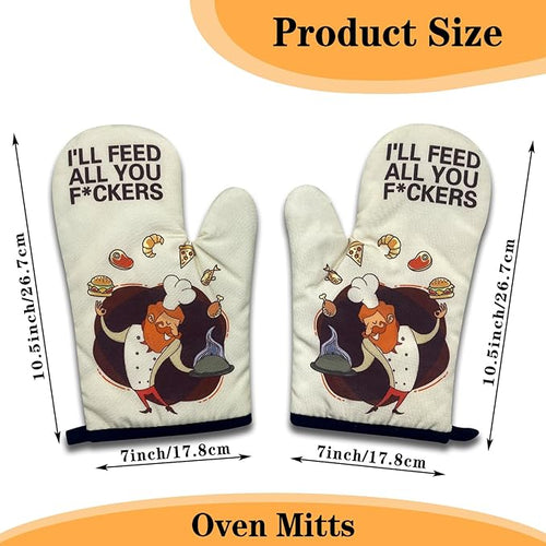 2 Pack Funny BBQ Oven Mitts, I'll Feed All You Fuckers, Heat Resistant Silicone Non-Slip Mitts, Humorous BBQ Grilling Gifts for Men, Christmas Birthday Gifts for Dad Husband Boyfriend Chef