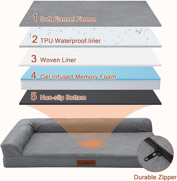Rainmr Orthopedic Dog Beds for Large Dogs, Memory Foam Dog Beds Large Sized Dogs, Washable Removable Cover, Nonskid Bottom, Waterproof, for Indoor, Outdoor, Crate ＆ Car Use, 44x32x6 Inches, Dark Grey