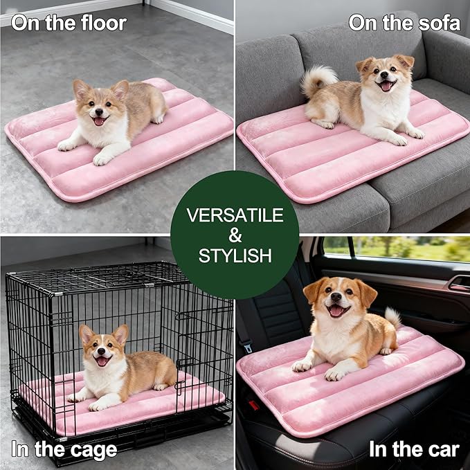 Fogkiss Dog Bed Mat, Reversible Dog Crate Pad with Washable Kennel Mat and Soft Foam, Flat Pet Bed for Dogs & Cats, for Crates Carriers & Travel (Pink, 23" L*14" W*1.5" Th)