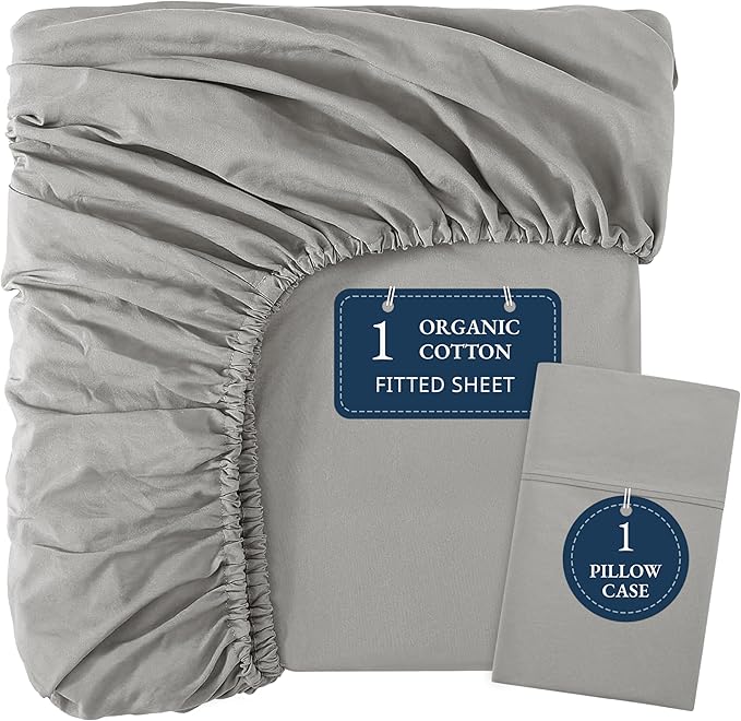 LANE LINEN 100% Organic Cotton Twin Fitted Sheets, 2-Piece Set (1 Fitted Sheet, 1 Pillowcase), Percale Weave, Lightweight, Ultra Soft, Breathable, Fits Mattress Upto 15" Deep - Silver (No Flat Sheet)