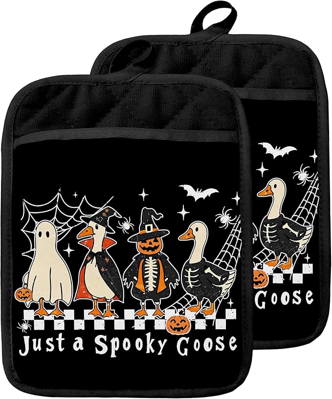 Spooky Halloween Goose Pot Holders with Pockets, Trendy Funny Ghost Pumpkin Goose Halloween Oven Pot Holders Heat Resistant Oven Mitts Hot Pads for Kitchen Baking Cooking