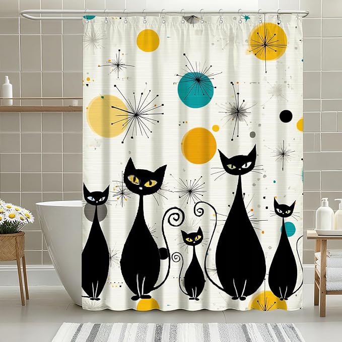 mutakin Mid Century Shower Curtain Cute Cats Shower Curtains for Bathroom Waterproof Fabric Bath Curtain Decor with Hooks
