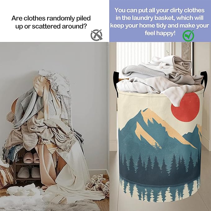 Laundry Basket,Boho Mountains Sun Large Canvas Fabric Lightweight Storage Hamper Organizer Dirty Clothes Collapsible Waterproof for College Dorms,Bathroom
