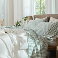 MooMee Gingham Sheet Set 100% Washed Cotton Linen Like Textured Breathable Soft w/ Fully Elasticized 16-19" Deep Pocket (Classic Gingham Sage Green, King)
