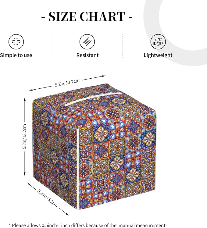 Mexican Talavera Ceramic Tile Tissue Box Cover Square, Retro Boho Flowers Tissue Box Holder Waterproof Leather Facial Paper Organizer Dispenser for Bathroom Home Car Nightstand Vanity Desk