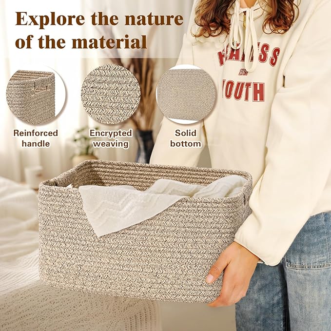 2 Pack Large Storage Basket for Organizing, 17.5"x13.5"x7.5" Woven Basket for Shelves, Closet Cube Storage Bins with Wrapped Handle, Cotton Rope Baskets for Kitchen, Clothes, Toys (Natural)