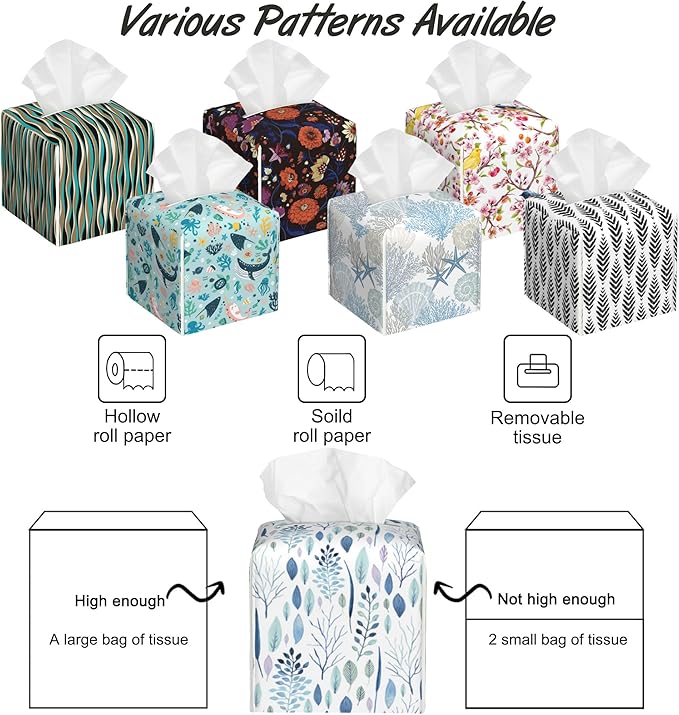 Watercolor Floral Flower Tissue Box Cover Square,Tissue Box Holder with Belt Bottom,Stylish Leather Napkin Holder for Vanity Countertop,Nightstands,Office Desk,5.2"×5.2"×5.2"