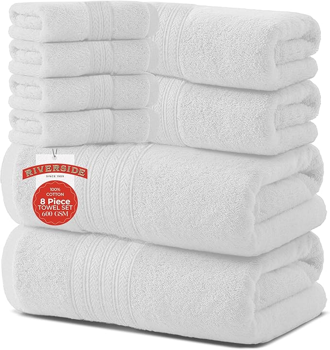 RIVERSIDE Pack of 8 Towels Set, 2 Large Bath, 2 Hand, 4 Face Washcloths, 100% Cotton Hotel Quality, Super Soft, Quick Dry, Highly Absorbent Perfect for Bathroom, White