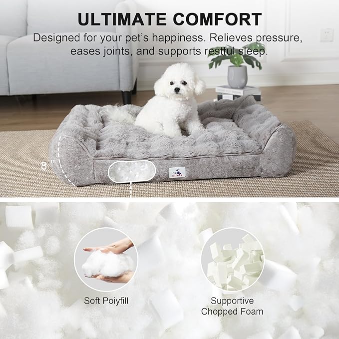 Welfibr Dog Bed 100% Washable Faux Fur Dog Beds Small Size Dog Orthopedic Dog Bed with Sides Elevated Dog Bed Comfort Small Dog Bed with Removable Cover Noiseless Supportive Dog Couch Grey 35"