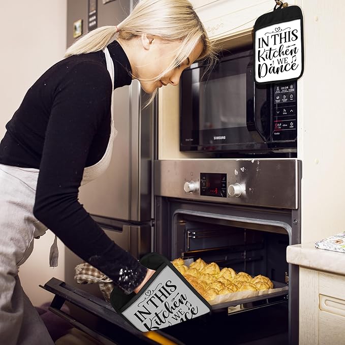 in This Kitchen We Dance Funny Pot Holders with Pockets, Funny Pot Holders Heat Resistant Oven Mitts Hot Pads for Kitchen Baking Cooking,Potholders for Kitchens