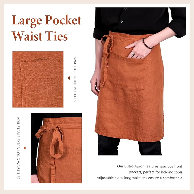 Pure Linen Bistro Half Apron - 25 x 35 Inch Unisex Waist Aprons with Large Pocket Ideal for Kitchen Crafts and More