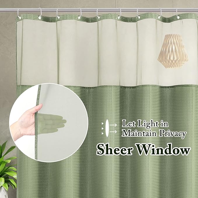 Gibelle Extra Long Shower Curtain 72 x 84, Waffle Weave Fabric Shower Curtain with Mesh Top Window and Hooks Set, Hotel Style Bathroom Design, Sage Green