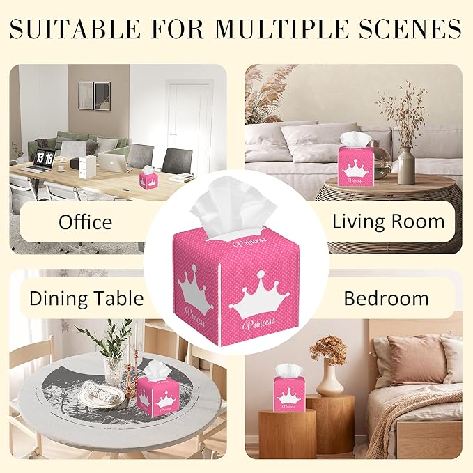 POIUBLE Leather Tissue Box Holder Pink Princess Crown Tissue Box Cover Square Waterproof Tissue Holder Organizer Modern Napkin Holder for Bedroom Dresser Night Stand Office Desk