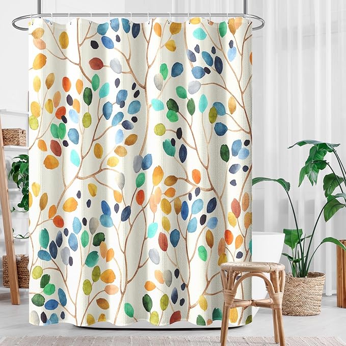 Culudea Colorful Leaves Ivory Shower Curtain Set, Floral Modern Boho Bathroom Window Waterproof Shower Curtain Set for Bathroom Decor