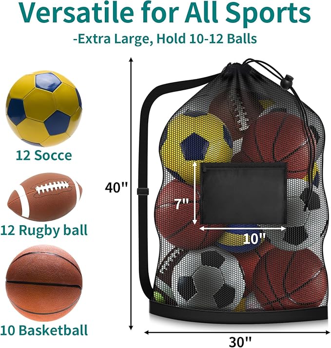 Extra Large Sports Ball Bag, Heavy Duty Breathable Mesh Storage Bag, 40" x 30" Hold 10-12 Soccer Basketball Football, Adjustable Shoulder Strap, Ideal for Coaches, Team, Swimming Gear