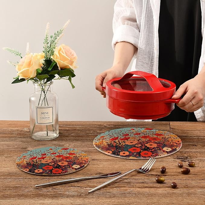 Autumn Poppy Flower Trivets for Hot Dishes Pots and Pans Potholders Woven Trivet Cotton Round Large Pot Holder Decor Heat Resistant Hot Pads Mat for Table Counter Cooking Potholder Set of 2