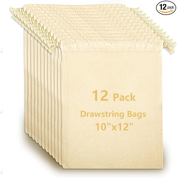 OKBA 12 Pack Cotton Muslin Drawstring Bags – Reusable Cloth Bags for Storage, Produce & Bread Storage, Gift Packaging, DIY Crafts, Eco-Friendly & Lightweight (10x12 inch)