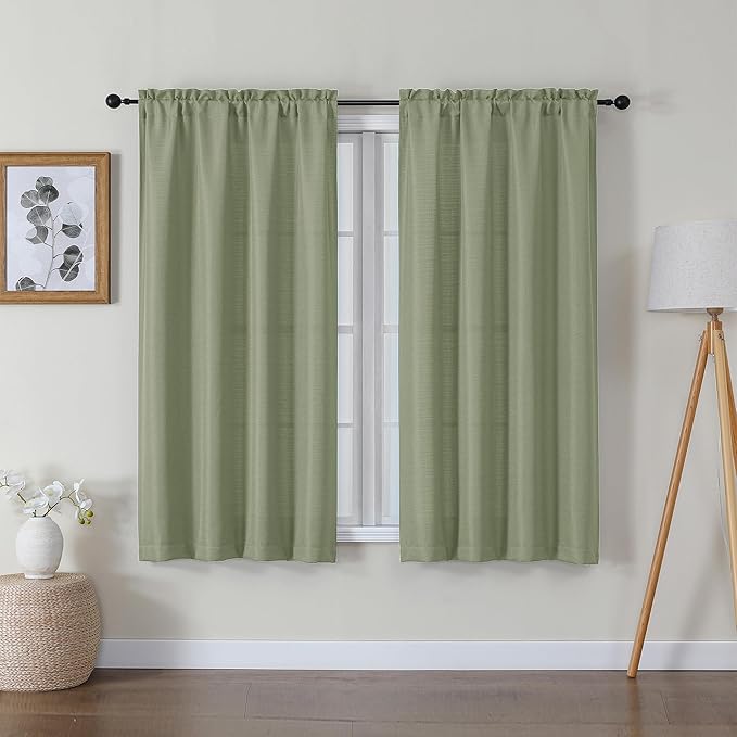 Lecloud Bessie Light Green Curtains 54 Inch Length 2 Panels Set, Light Filtering Faux Linen Textured Window Curtains, Rod Pocket Curtain Drapes for Bedroom Living Room, Each 30 W x 54 L