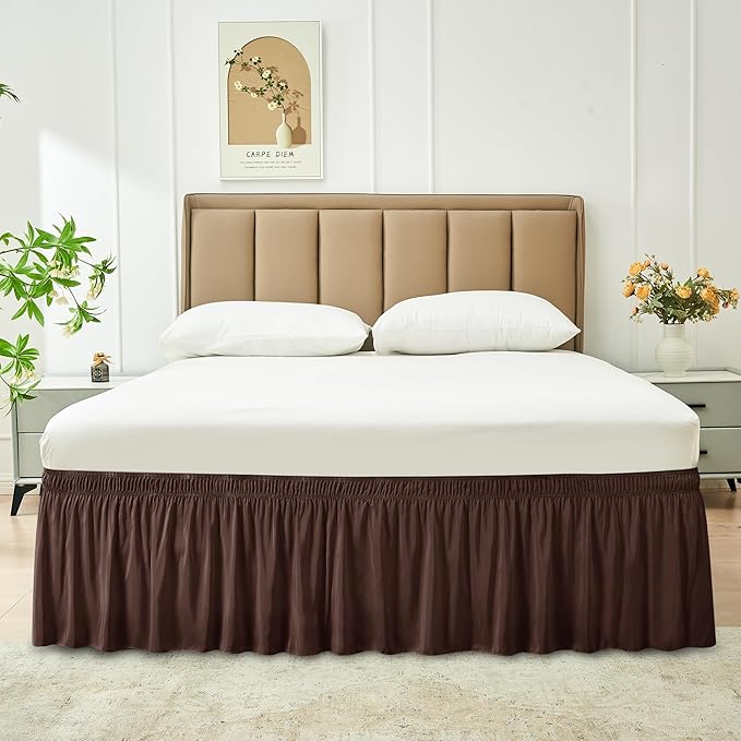 Biscaynebay Wrap Around Bed Skirts for Twin & Twin XL Beds 15" Drop, Brown Adjustable Elastic Dust Ruffles Easy Fit Wrinkle & Fade Resistant Silky Luxurious Fabric Machine Washable