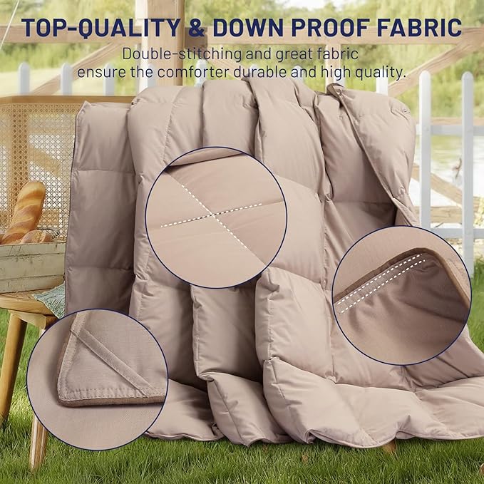 SNOWMAN Extra-Soft Down Blanket Queen, Lightweight Down Comforter with 8 Corner Tabs, Cooling Bed Comforter for Hot Sleepers, 18oz Fill Weight and Noiseless Down Proof Fabric (Khaki, 90"x90")