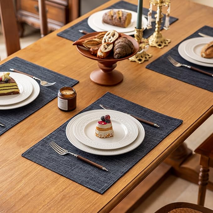 KXN Placemats Set of 4, Dual-Layer Thickened Faux Linen Table Mats, Heat Resistant & Wrinkle-Free, Machine Washable Cloth Place Mats for Kitchen Dining Indoor Outdoor (Dark Gray)