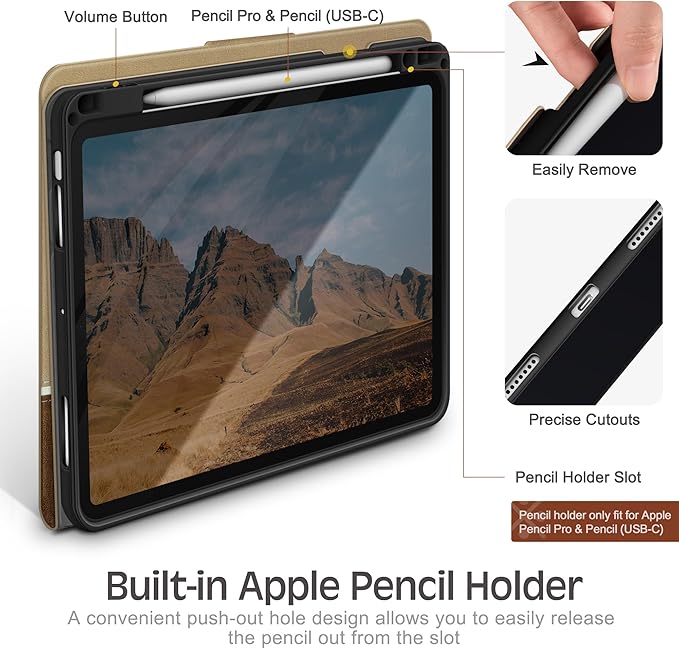 KingBlanc Case for iPad Air 13 inch (M3 2025/M2 2024) with Pencil Holder, Vegan Leather Protective Stand Cover, Auto Wake/Sleep, Multi-Angles for Viewing/Drawing, Supports Pencil Pro/(USB-C), Beige