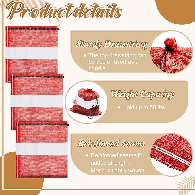 GliCraft 10 Pcs Onion Bags Reusable Mesh Produce Storage with Drawstring Firewood Bags Onion Potato Storage Sacks for Garden Vegetable Fruit Produce Packaging Supplies (22 x 24 Inch)