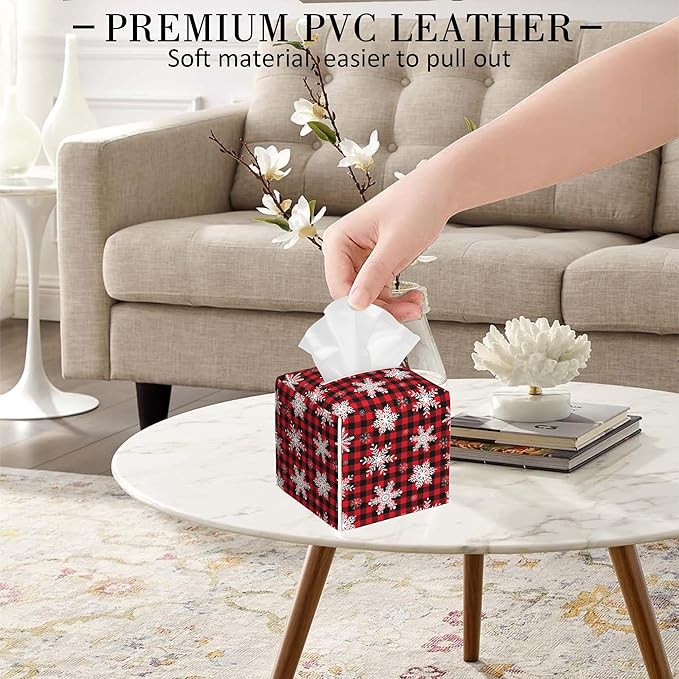 Red and Black Checkered Leather Tissue Box Holder Christmas Snowflakes Tissue Box Cover Square Waterproof Tissue Holder Organizer Modern Napkin Holder for Bedroom Dresser Night Stand Office Desk