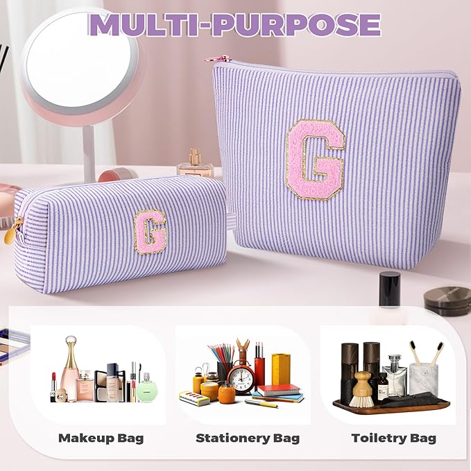 Btffitting Personalized Makeup Bag for Women Girls - Fashion Cosmetic Bag Trendy Travel Toiletry Bag with Initials Letter - Teen Gifts - Lavender,G