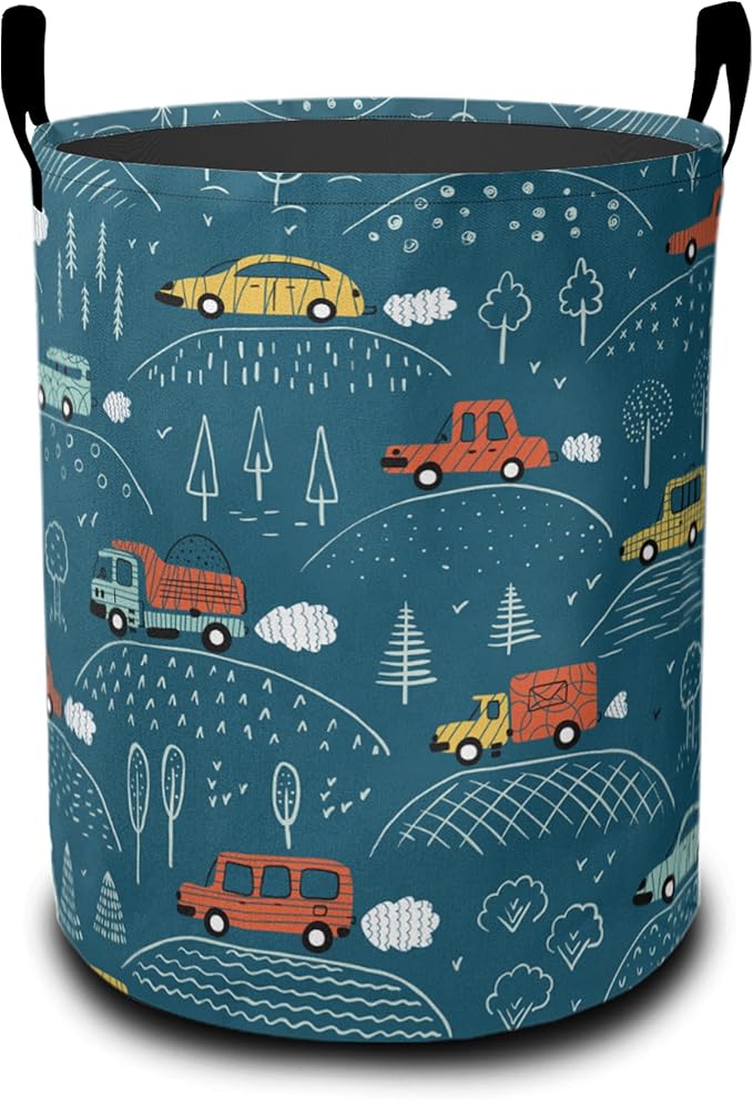 Laundry Basket-Blue Cartoon Car Foldable Waterproof Oxford Cloth Funny Tote Bag Laundry Hamper Clothes Storage Bucket Organizer For Bathroom/Laundry Storage/Bedroom Storage Basket