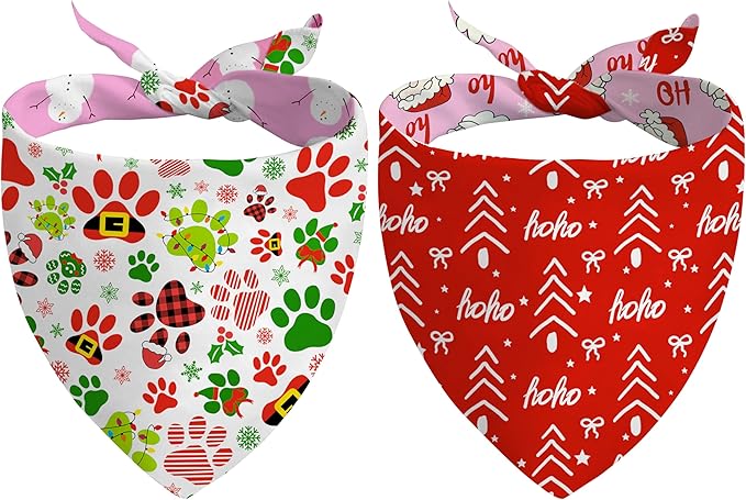 Christmas Dog Bandanas Reversible 2 Pack Small, Cute Santa Claus Dog Paw Tree Snowman Christmas Pet Bandanas Set Adjustable Triangle Winter Xmas Holiday Scarves for Small Medium Boy Girl Dogs