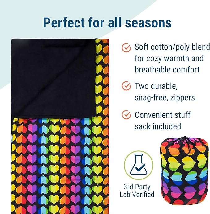 Wildkin Kids Sleeping Bag – Roll-Up Design with Storage Bag for School, Travel & Camping - Rainbow Hearts