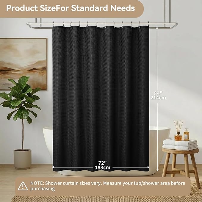 Lameirose 3 in 1 Shower Curtain Set, Waffle Shower Curtain and Liner Set with 12 Double Sided Shower Curtain Hooks, 72 x 84 Fabric Shower Curtains for Bathroom, Black