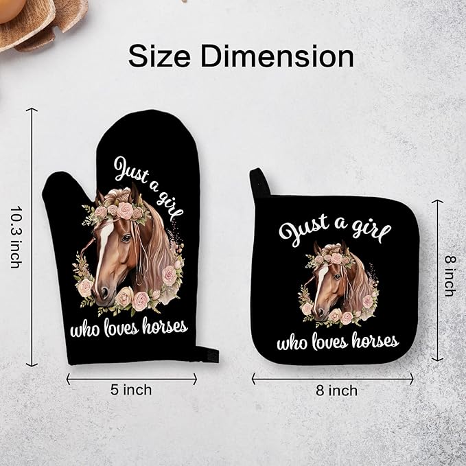 OHSUL Black Horse Oven Mitts and Pot Holders Sets, Horse Lover Gifts for Women Girls, Just a Girl Who Loves Horses Heat Resistant Oven Gloves Hot Pads for Kitchen Cooking Baking Grilling